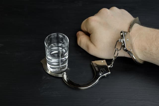 A person's arm handcuffed to a shot of alcohol